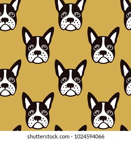 Vector seamless pattern with hand drawn heads of french bulldog. Beautiful design elements, ink drawing, heavy contours.