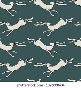 Vector seamless pattern with hand drawn running hares. Beautiful  animal design elements.