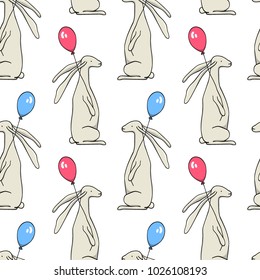Vector seamless pattern with hand drawn sitting cute hares holding blue balloons. Beautiful  animal design elements.