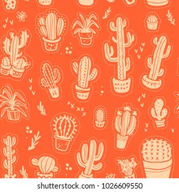 Vector seamless pattern with hand drawn cactus elements isolated on orange background. Floral desert ornament, sketch, doodle style. Cacti icon. Perfect for cards, banners, packaging paper, prints etc