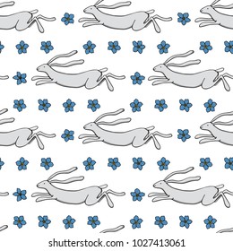 Vector seamless pattern with hand drawn running hares among forget-me-not flowers. Beautiful  animal design elements. Perfect for Easter patterns