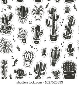 Vector seamless pattern with hand drawn cactus elements isolated on white background. Floral desert ornament, sketch, doodle style. Cacti icon. Perfect for cards, banners, packaging paper, prints etc.