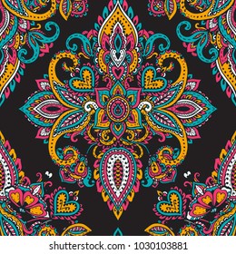 Vector Seamless Pattern With Hand Drawn Henna Mehndi Floral Elements. Beautiful Colorful Endless Background In Oriental Indian Style In Bright Colors.