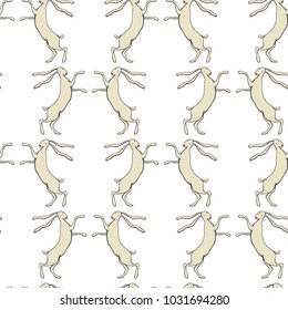 Vector seamless pattern with hand drawn symmetric hares dancing on their hind legs. Beautiful animal design elements. Perfect Easter pattern