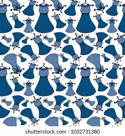 Vector seamless pattern with hand drawn, fashionable dresses and accessories. Background for use in design, web site, packing, textile, fabri