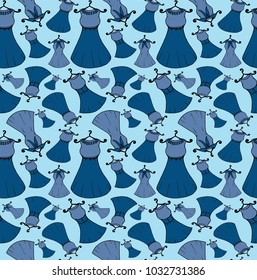Vector seamless pattern with hand drawn, fashionable dresses and accessories. Background for use in design, web site, packing, textile, fabri