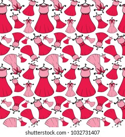 Vector seamless pattern with hand drawn, fashionable dresses and accessories. Background for use in design, web site, packing, textile, fabri
