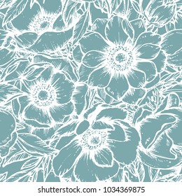 Vector seamless pattern with hand drawn anemone flowers, buds and leaves in sketch style. Beautiful endless background.