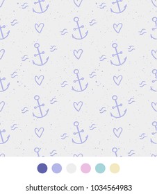 Vector seamless pattern of hand drawn  anchor and sea waves and hearts . Editable color combination. Ready color scheme