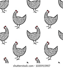 Vector seamless pattern with hand drawn chickens. Beautiful ink drawing, heavy contour, abstract design elements. Perfect elements for food or farming design.