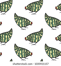 Vector seamless pattern with hand drawn chickens. Beautiful ink drawing, heavy contour, abstract design elements. Perfect elements for food or farming design.