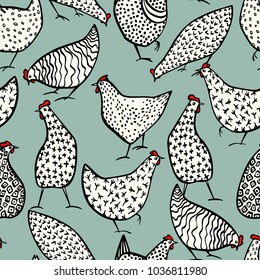 Vector seamless pattern with hand drawn chickens. Beautiful ink drawing, heavy contour, abstract design elements. Perfect elements for food or farming design.