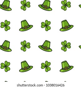 Vector seamless pattern with hand drawn clover leaves and hats. Beautiful drawing, perfect for Saint Patrick's Day celebration