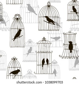 vector seamless pattern with hand drawn birds in cages silhouettes