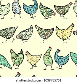 Vector seamless pattern with hand drawn chickens. Beautiful ink drawing, heavy contour, abstract design elements. Perfect elements for food or farming design.