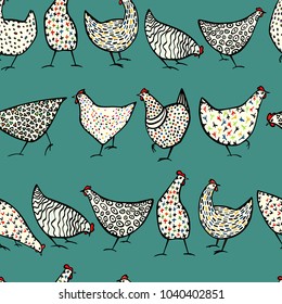 Vector seamless pattern with hand drawn chickens. Beautiful ink drawing, heavy contour, abstract design elements. Perfect elements for food or farming design.
