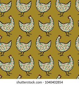 Vector seamless pattern with hand drawn chickens. Beautiful ink drawing, heavy contour, abstract design elements. Perfect elements for food or farming design.