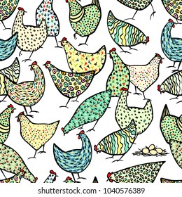 Vector seamless pattern with hand drawn chickens. Beautiful ink drawing, heavy contour, abstract design elements. Perfect elements for food or farming design.