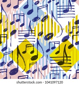 Vector seamless pattern with hand drawn music notes on a bright modern geometric background.