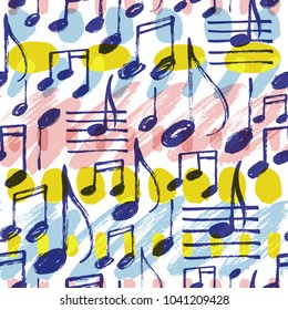 Vector seamless pattern with hand drawn music notes on a bright artistic paint doodle background.