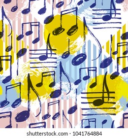 Vector seamless pattern with hand drawn music notes on a bright geometric background.