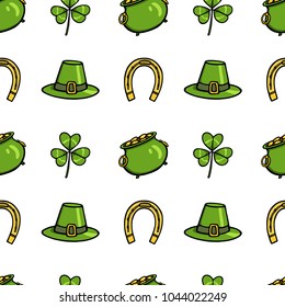 Vector seamless pattern with hand drawn St Patrick's Day symbols. Beautiful drawing, perfect for Saint Patrick's Day celebration