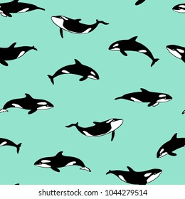 Vector seamless pattern with hand drawn killer whales. Beautiful ink drawing, heavy contour. Perfect for prints and patterns