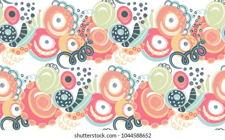 Vector seamless pattern with hand drawn abstract shapes, scribbles, spirales. Stains and spots of paint. Creative background. Freehand style. Design with doodle. Wallpaper, textile, wrapping, cover