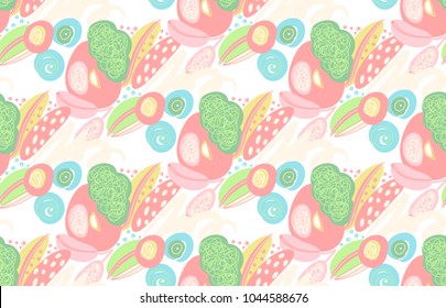 Vector seamless pattern with hand drawn abstract shapes, scribbles, spirales. Stains and spots of paint. Creative background. Freehand style. Design with doodle. Wallpaper, textile, wrapping, cover