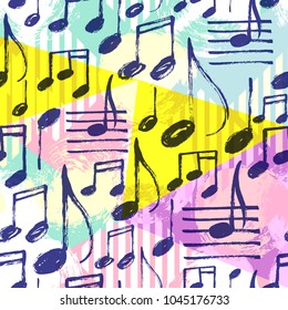Vector seamless pattern with hand drawn music notes on a bright geometric background.