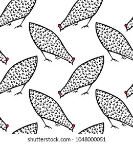 Vector seamless pattern with hand drawn pecking chickens. Beautiful ink drawing, heavy contour, abstract design elements. Perfect elements for food or farming design.