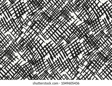 Vector seamless pattern with hand drawn brush strokes and stripes hand painted. Black and white colors.