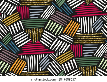 Vector seamless pattern with hand drawn gold glitter textured brush strokes and stripes hand painted. Black, gold, pink, yellow, green, beige colors.