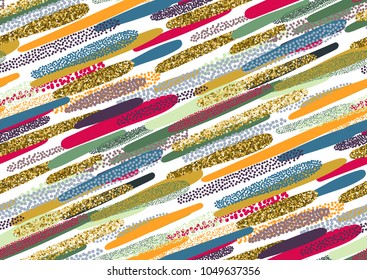 Vector seamless pattern with hand drawn gold glitter textured brush strokes and stripes hand painted. Black, gold, pink, yellow, green, beige colors.
