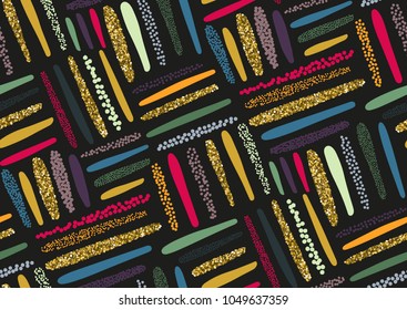 Vector seamless pattern with hand drawn gold glitter textured brush strokes and stripes hand painted. Black, gold, pink, yellow, green, beige colors.