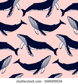 Vector seamless pattern with hand drawn whales. Beautiful ink drawing, heavy contour. Perfect design elements, marine animal illustration