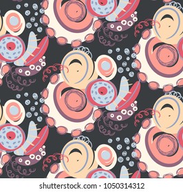Vector seamless pattern with hand drawn abstract shapes, scribbles, spirales. Stains and spots of paint. Creative background. Freehand style. Design with doodle. Wallpaper, textile, wrapping, cover