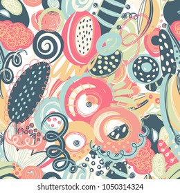 Vector seamless pattern with hand drawn abstract shapes, scribbles, spirales. Stains and spots of paint. Creative background. Freehand style. Design with doodle. Wallpaper, textile, wrapping, cover
