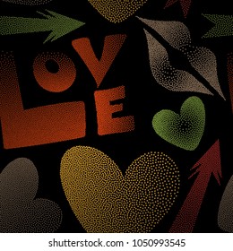 Vector seamless pattern with hand drawn word love, cupid's arrow, lipstick kisses and heart in orange, yellow and black colors. Great multicolored print for poster, cards, textile, printing or fabric.