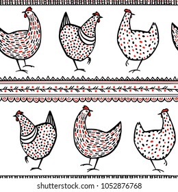 Vector seamless pattern with hand drawn chickens and ethnic elements. Beautiful ink drawing, heavy contour, abstract ethnic design elements. Perfect elements for food or farming design.