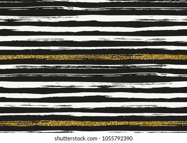 Vector seamless pattern with hand drawn gold glitter textured rough brush strokes and stripes hand painted. Black, gold, white colors.
