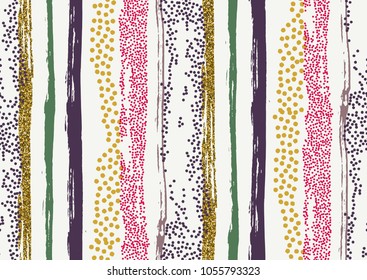 Vector seamless pattern with hand drawn gold glitter textured brush strokes and stripes hand painted. Black, gold, pink, green, brown colors.