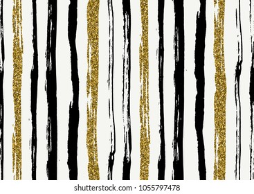 Vector seamless pattern with hand drawn gold glitter textured rough brush strokes and stripes hand painted. Black, gold, white colors.