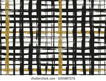Image vectorielle motif harmonieux avec des coups de brosse bruts à texture dorée dessinée à la main et des bandes peintes à la main. Noir, or, blanc.