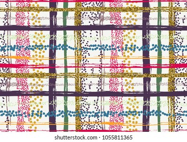 Vector seamless pattern with hand drawn gold glitter textured brush strokes and stripes hand painted. Black, gold, pink, green, brown colors.