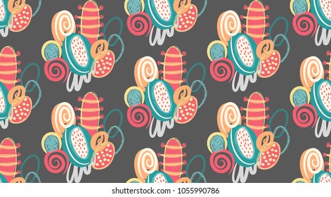 Vector seamless pattern with hand drawn abstract shapes, scribbles. Stains and spots of paint. Creative background. Freehand style. Design with doodle. Wallpaper, textile, wrapping, cover