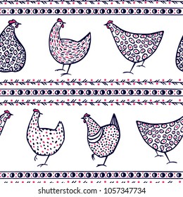 Vector seamless pattern with hand drawn chickens and ethnic elements. Beautiful ink drawing, heavy contour, abstract ethnic design elements. Perfect elements for food or farming design.