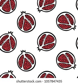 Vector seamless pattern with hand drawn pomegranate. Beautiful ink drawing, heavy contour, graphic style. Food design elements.