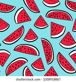 Vector seamless pattern with hand drawn watermelons. Beautiful ink drawing, heavy contour, graphic style. Food design elements.