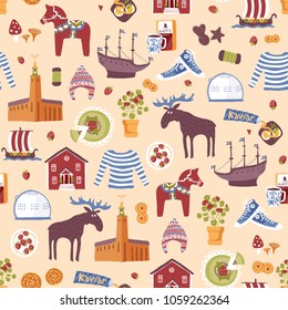 Vector seamless pattern with hand drawn art design elements of symbols of Sweden. Traditional swedish food, clothes and landmarks.